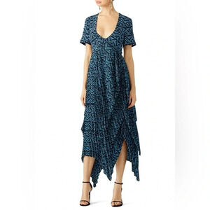 A.L.C. Kylia 100% Silk Blue Black Abstract Pleated Maxi Dress Size 4